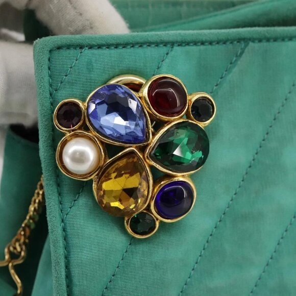 CHANEL V stitch Shoulder Bag Nylon Green Gold CC Auth - Picture 7 of 15